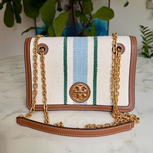 Tory Burch Carson Striped Convertible Shoulder Crossbody Bag Cream Linen Leather